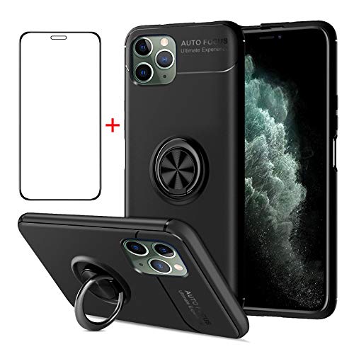 AKABEILA iPhone 11 Pro Max Hülle Schutzfolie, iPhone 11 Pro Max Handyhülle Silikon, für iPhone 11 Pro Max Schutzhülle Schutzfolie Telefonhalter Stoßfest Ring Griff Ständer, Schwarz von AKABEILA