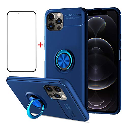 AKABEILA iPhone 12 Hülle Schutzfolie, iPhone 12 Pro Handyhülle Silikon, kompatibel für iPhone 12/12 Pro Schutzhülle Schutzfolie Telefonhalter Stoßfest Ring Griff Ständer, Blau von AKABEILA