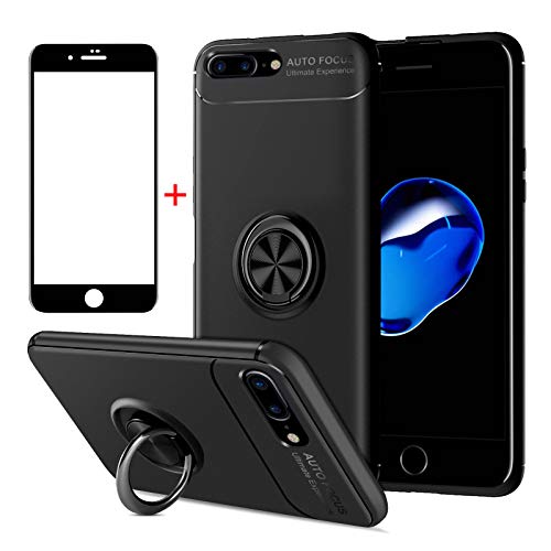 AKABEILA iPhone 7 Plus Hülle Schutzfolie, iPhone 8 Plus Handyhülle Silikon, für iPhone 7 Plus / 8 Plus Schutzhülle Schutzfolie Telefonhalter Stoßfest Ring Griff Ständer, Schwarz von AKABEILA