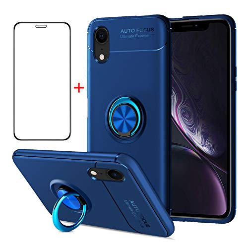 AKABEILA iPhone XR Hülle Schutzfolie, iPhone XR Handyhülle Silikon, für iPhone XR Schutzhülle Schutzfolie Telefonhalter Stoßfest Ring Griff Ständer, Blau von AKABEILA