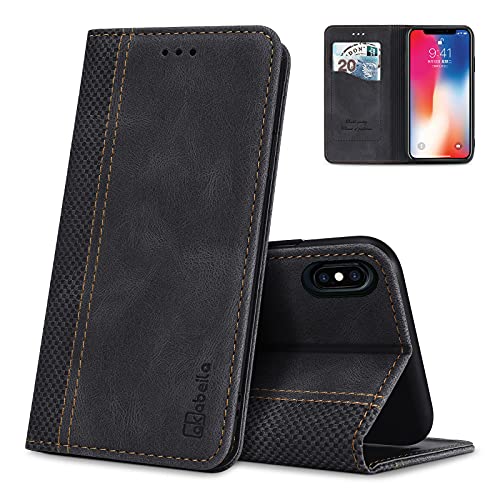 AKABEILA iPhone XS Hülle Leder, iPhone X Handyhülle Silikon, Kompatibel für Apple iPhone 10 X/XS Schutzhülle Brieftasche Klapphülle PU Magnetverschluss Kartenfächer Hüllen, Schwarz von AKABEILA