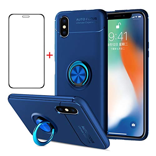 AKABEILA iPhone XS Hülle Schutzfolie, iPhone XS Handyhülle Silikon, für iPhone XS/X Schutzhülle Schutzfolie Telefonhalter Stoßfest Ring Griff Ständer, Blau von AKABEILA