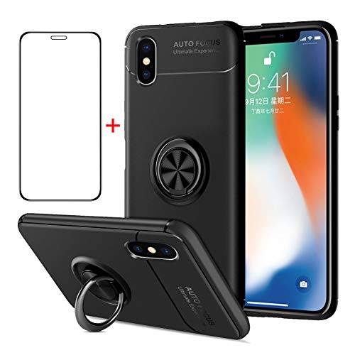 AKABEILA iPhone XS Hülle Schutzfolie, iPhone XS Handyhülle Silikon, für iPhone XS/X Schutzhülle Schutzfolie Telefonhalter Stoßfest Ring Griff Ständer, Schwarz von AKABEILA