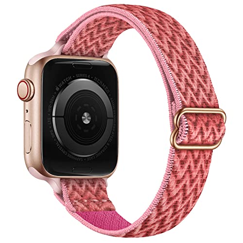 Lysun Dehnbares Nylon-Solo-Loop-Band, kompatibel mit Apple Watch Band 42 mm 44 mm 45 mm für Damen und Herren, verstellbares Sport-Elastikband für iWatch Series SE/7/6/5/4/3/2/1, Coral Red von AKABEILA