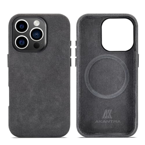 AKANTRA Alcantara Hülle für Apple iPhone Pro Max, handgefertigte, vollständig umwickelte synthetische Wildlederhülle, kompatibel mit Magsafe Wireless Charging (Schwarz, für iPhone16 Pro Max) von AKANTRA