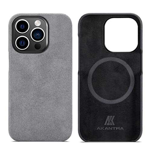 AKANTRA Alcantara Schutzhülle für Apple iPhone 14 Serie, handgefertigt, halb umwickelt, synthetisches Wildleder, kompatibel mit kabellosem Magsafe Laden (iPhone 14 Pro Max, Grau) von AKANTRA