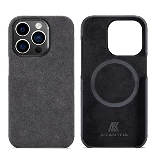 AKANTRA Alcantara Schutzhülle für Apple iPhone 14 Serie, handgefertigt, halb umwickelt, synthetisches Wildleder, kompatibel mit kabellosem Magsafe Laden (iPhone 14 Pro Max, Schwarz) von AKANTRA
