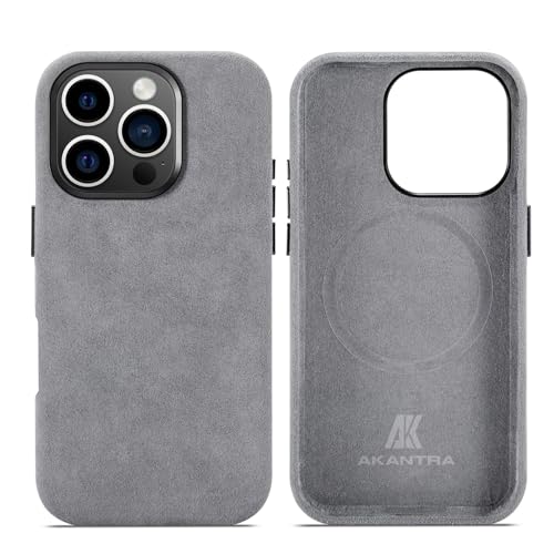 AKANTRA Alcantara Schutzhülle für Apple iPhone 16 Pro, handgefertigt, vollständig umwickelt, synthetisches Wildleder, kompatibel mit kabellosem Magsafe Laden (Grau, für iPhone 16 Pro) von AKANTRA