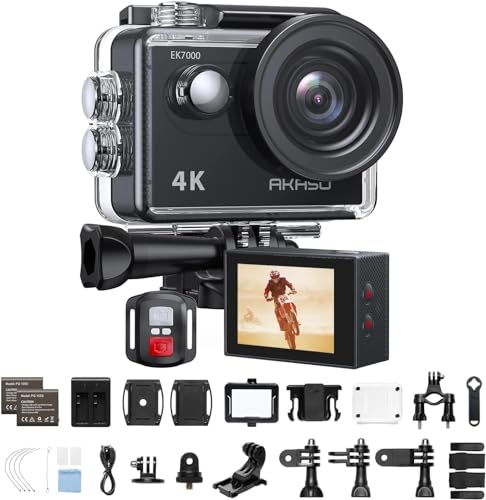 AKASO Action Cam,4K30FPS 20MP WiFi Unterwasserkamera 170°Ultra Weitwinkel Full HD Action Kamera mit 2 Zoll LCD Bildschirm 2.4G Fernbedienung und 2x1050mAh Akkus-EK7000 Schwarz von AKASO