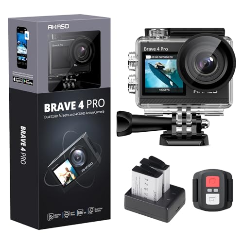 AKASO Action Cam 4K 20MP WiFi 40M Unterwasserkamera Ultra HD Touchscreen 170 ° Einstellbar Weitwinkel, EIS Stabilisierung, 5X Zoom, 2.4G Fernbedienung und 2 Akkus 1350mAh- Brave 4 Pro (Grau) von AKASO