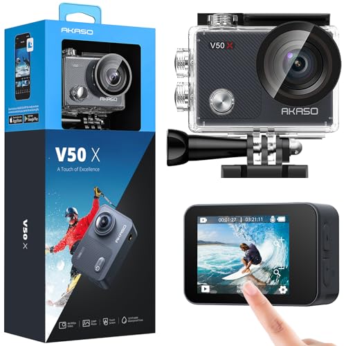 AKASO Action Cam 4K30FPS 20MP WiFi Unterwasserkamera 40M EIS Anti-Shake Action Kamera 4X Zoom mit Touchscreen, Fernbedienung, Sportkamera Wasserdicht Gehäuse,Helmzubehör-Kit V50X von AKASO