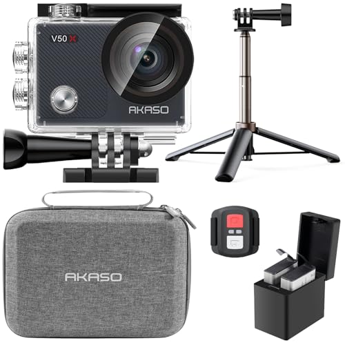 AKASO Action Cam 4K30FPS mit 60cm Stativ Selfie Stick und Tasche Unterwasserkamera WiFi 40M EIS Anti-Shake Action Kamera 4X Zoom mit Touchscreen, Fernbedienung, Sportkamera Wasserdicht Gehäuse von AKASO
