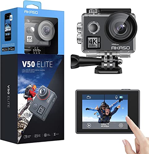 AKASO Action Cam 4K60FPS 40M Unterwasserkamera 20MP WiFi Action Kamera mit Touchscreen EIS mit 8X Zoom Sprachsteuerung Fernbedienung Zubehör Kit Sportkamera (V50 Elite) von AKASO