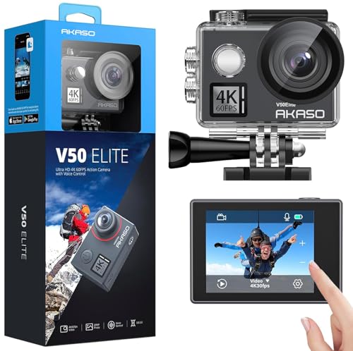 AKASO Action Cam 4K60FPS 40M Unterwasserkamera 20MP WiFi Action Kamera mit Touchscreen EIS mit 8X Zoom Sprachsteuerung Fernbedienung Zubehör Kit Sportkamera (V50 Elite) von AKASO