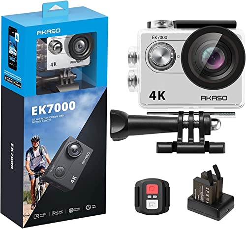 AKASO Action Cam EK7000 4K30FPS Action Kamera 170° Weitwinkel HD Unterwasserkamera 20MP WiFi wasserdichte Sport Kamera 2 Zoll LCD Bildschirm mit 2 Batterien (Silber) von AKASO