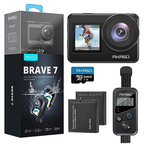 AKASO Brave 7 Action Cam 4K30FPS mit 64GB U3 microSDXC Speicherkarte 20MP WiFi Unterwasserkamera IPX8 Wasserdicht Action Kamera EIS 2.0 mit Touchscreen, Zoom, Sprachsteuerung und 2x1350mAh Akkus von AKASO