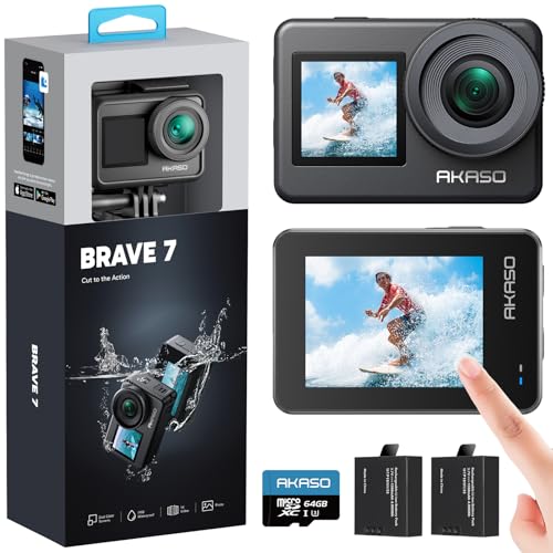 AKASO Brave 7 Action Cam 4K30FPS mit 64GB U3 microSDXC Speicherkarte 20MP WiFi Unterwasserkamera IPX8 Wasserdicht Action Kamera EIS 2.0 mit Touchscreen, Zoom, Sprachsteuerung und 2x1350mAh Akkus von AKASO