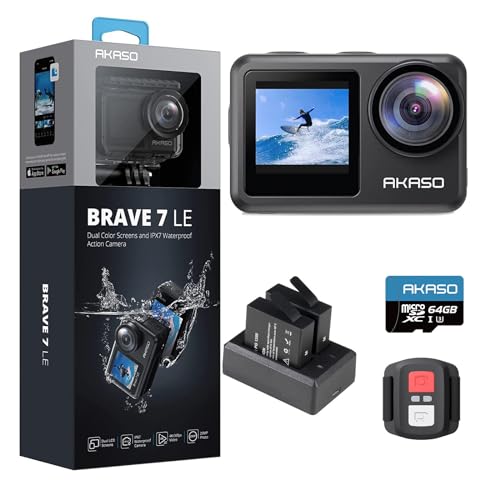 AKASO Brave 7 LE Action Cam 4k30FPS 20MP mit 64GB U3 Speicherkarte Unterwasserkamera IPX7 wasserdicht EIS 2.0 Kamera Touchscreen Doppelbildschirm Sportkamera 40M WiFi von AKASO