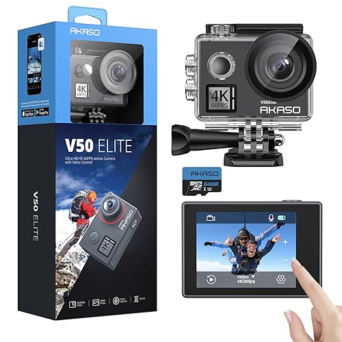 AKASO V50 Elite Action Cam,4K60FPS 20MP Unterwasserkamera mit 64GB U3 Speicherkarte WiFi mit Touchscreen EIS 40M Sportkamera 8X Zoom Sprachsteuerung Fernbedienung Zubehör Kit von AKASO