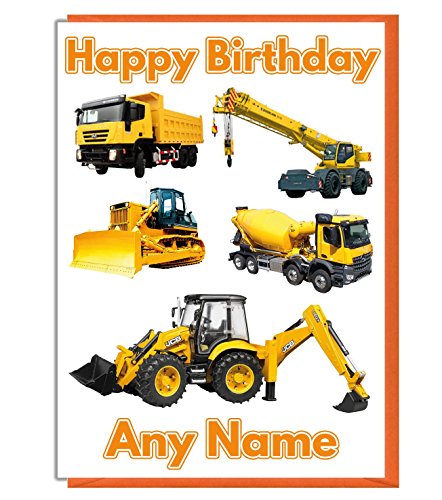 Baustellenfahrzeuge personalisierbare Geburtstagskarte - Auf die Vorderseite kann jeder Name und jedes Alter gedruckt werden von AKGifts