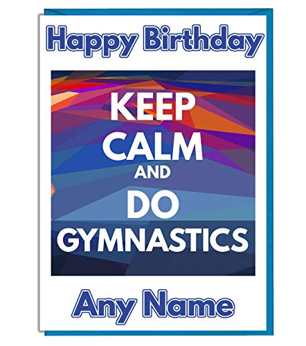 Blau Keep Calm and Do Gymnastics Geburtstagskarte – Jeder Name und Alter sind auf der Vorderseite gedruckt. von AKGifts