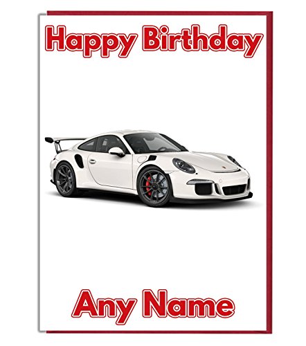 Sport Auto Weiß Porsche Personalisierte Geburtstagskarte – Jeder Name und Alter Druck auf der Vorderseite von AKGifts
