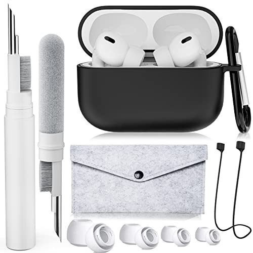 AKIKI [5 in 1] für Airpods Pro Case Cover 2022/2019 mit Reinigungs-Kit & Ersatz-Ohrstöpseln (XS/S/M/L), weiche Silikon-Schutzhülle mit Schlüsselanhänger und magnetischen Anti-Verlust-Riemen (schwarz) von AKIKI