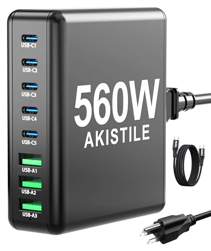 560W USB C Ladeblock, 8-Port USB C Fast GaN Ladegerät, Computer Ladestation mit 100W Ladekabel für Home Office, Kompatibel mit iPhone 15/14/13/Pro MacBook von AKISTILE
