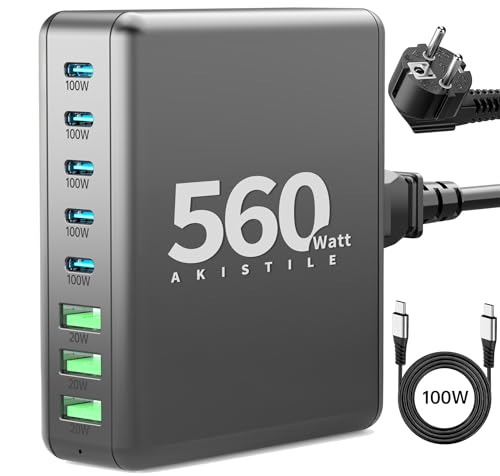 USB C Ladegerät 560W 8 Anschlüsse, AKISTILE USB Netzteil PD 3.0 PPS GaN III Kompatibel mit MacBook Pro Air, USB-C Lenovo HP Dell Surface ASUS Laptop, iPhone usw. (Grau) USB C Ladegerät 560W 8 Anschlüsse, AKISTILE USB Netzteil PD 3.0 PPS GaN III Kompatibel mit MacBook Pro Air, USB-C Lenovo HP Dell Surface ASUS Laptop, iPhone usw. (Grau) von AKISTILE