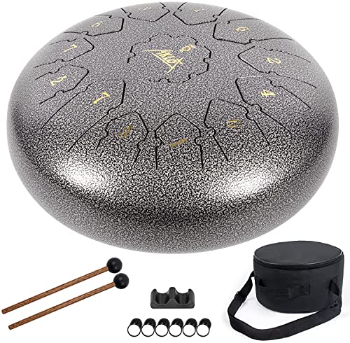 AKLOT Stahlzungentrommel Steel Tongue Drum 12 Zoll 13 Notizen Tanktrommel Pan Drum C Key Schlaginstrument mit Schlegel Hinweis Aufkleber Finger Picks Mallet Bracket und Bag von AKLOT