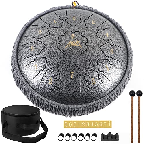 Zungentrommel,AKLOT Tongue Drum 12 Zoll 13 Notizen Handpan Stahlzungentrommel C Dur Steel Tongue Drum mit Schlegel Hinweis Aufkleber Finger Picks Mallet Bracket und Tasche von AKLOT