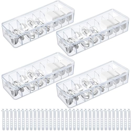 AKOLAFE 4 Stück Kabel Organizer Box mit Deckel und 40 Kabelbindern Kabel Aufbewahrungsbox mit 8 Fächer 26x10x6cm Transparent Kabel Organizer Kunststoff für Schreibtisch, Aufbewahrung, Büro, Schule von AKOLAFE