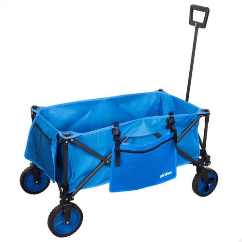 AKTIVE Faltbarer Transportwagen, Strand, Garten, Camping, blau, großer Wagon, bis zu 80 kg, 360° drehbare Räder mit Bremsen, Multi-Winkelgriff, 2 Taschen, mit Tasche, Gepäckträger (62371) von AKTIVE