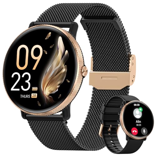 AKUMAKA 2024 Smartwatch Damen mit Telefonfunktion, 1,39" AMOLED Touchscreen, Fitnessuhr 120 Sport 24H Pulsuhr Menstruationszyklus SpO2 Schlafmonitor IP68 Schrittzähler für iOS Android Schwarz Roségold von AKUMAKA