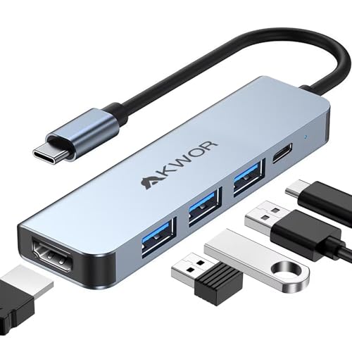 AKWOR USB C Hub Multiport Adapter, USB C auf HDMI Adapter mit 4K HDMI, 100W PD, 1*USB 3.0, 2*USB 2.0, USB Adapter auf USB C Dongle für Thunderbolt 3/4 MacBook Air/Pro M1/M2, iPad Pro Laptop von AKWOR