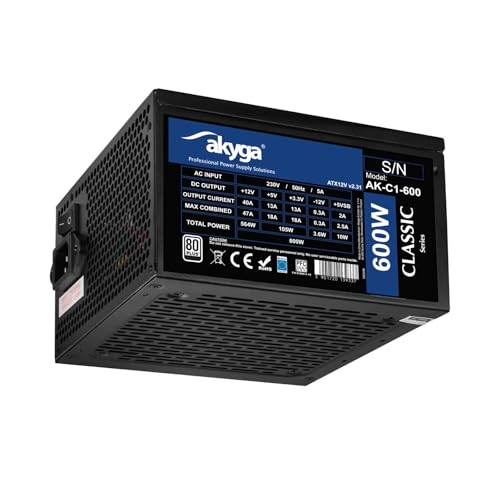 Akyga ATX Netzteil 600W AK-C1-600 P4+4 2X PCI-E 6+2 pin 5X SATA 3X Molex APFC Fan 12cm 80 Plus von AKYGA