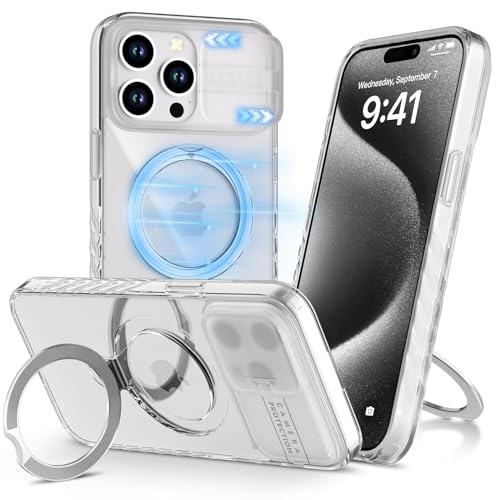 ALAFLY Kompatibel mit MagSafe Hülle für iPhone 15 Pro Max 6.7" mit Unsichtbarem Magnet Ständer & Kameraschutz, Stoßfeste Mil-Grade Transluzent Magentische Handyhülle, Transparent von ALAFLY
