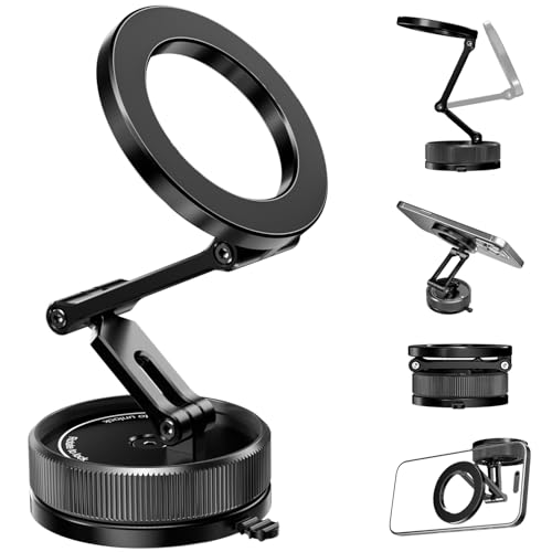 ALAFLY Magnetische Auto Handyhalterung [Verbesserter Vakuum Saugnapf] [Dreiachsig Faltbar] Autohalterung für Armaturenbrett/Windschutzscheibe/Bildschirm, Kompatibel mit MagSafe für iPhone von ALAFLY
