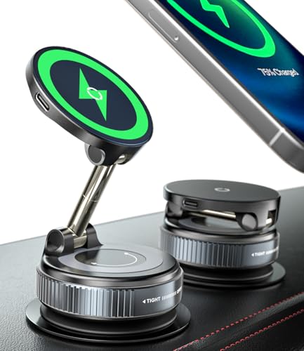 ALAFLY Magnetische Auto Handyhalterung [15W Kabelloses Ladegerät] [Vakuum Saugnapf] 360° Verstellbare & Faltbare für Armaturenbrett/Windschutzscheibe/Glatte Oberfläche [Kompatibel mit MagSafe] von ALAFLY
