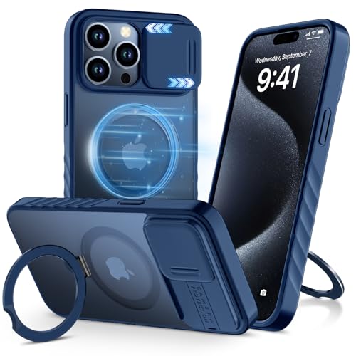ALAFLY Transluzent Matt für iPhone 15 Pro Max Hülle mit Unsichtbarem Magnet Ständer & Kameraschutz [Kompatibel mit MagSafe], Stoßfeste Mil-Grade Handyhülle Case 6.7" (2023), Blau von ALAFLY