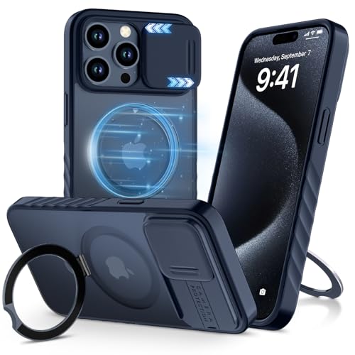 ALAFLY Transluzent Matt für iPhone 15 Pro Max Hülle mit Unsichtbarem Magnet Ständer & Kameraschutz [Kompatibel mit MagSafe], Stoßfeste Mil-Grade Handyhülle Case 6.7" (2023), Schwarz von ALAFLY