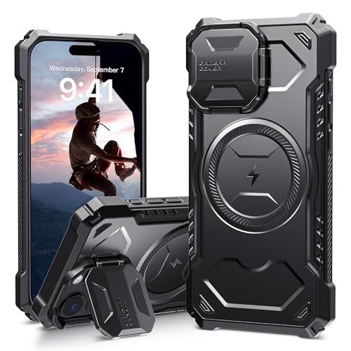 ALAFLY für iPhone 16 Pro Max Hülle mit Kameraschutz Ständer [Kompatibel mit MagSafe], Militärnorm Stoßfeste Magnetische Handyhülle, Strapazierfähig Schutz, Schwarz von ALAFLY