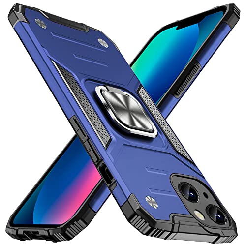 ALANMOND Armor Hülle für iPhone 13 6,1 Zoll, [Eingebaute Kameraabdeckung] Stoßfestes Telefongehäuse mit Metallringständer, [Unterstützen Sie magnetische Halterung] Handyhülle für iPhone 13, Blau von ALANMOND
