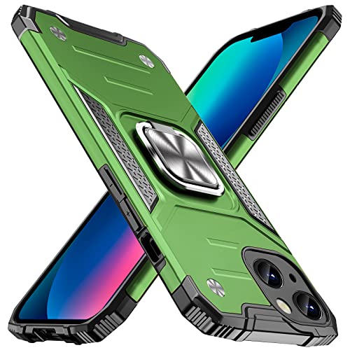 ALANMOND Armor Hülle für iPhone 13 6,1 Zoll, [Eingebaute Kameraabdeckung] Stoßfestes Telefongehäuse mit Metallringständer, [Unterstützen Sie magnetische Halterung] Handyhülle für iPhone 13, Grün von ALANMOND