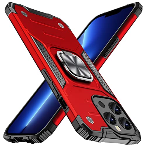 ALANMOND Armor Hülle für iPhone 13 Pro Max 6,7 Zoll, [Eingebaute Kameraabdeckung] Telefongehäuse mit Ringständer [Unterstützen Sie magnetische Halterung] Handyhülle für iPhone 13 Pro Max, Rot von ALANMOND