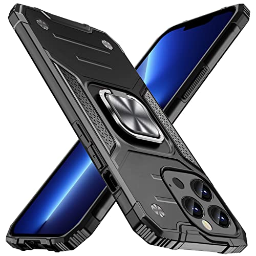 ALANMOND Armor Hülle für iPhone 13 Pro Max 6,7 Zoll, [Eingebaute Kameraabdeckung] Telefongehäuse mit Ringständer [Unterstützen Sie magnetische Halterung] Handyhülle für iPhone 13 Pro Max, Schwarz von ALANMOND