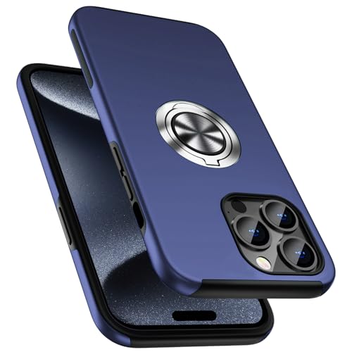 ALANMOND Militärische stoßfeste Schutzhülle für iPhone 15 Pro 6,1 Zoll, [eingebettete Fingerhalter] Handyhülle mit verstärktem Metallring und Ständer [unterstützt magnetische Autohalterung], Blau von ALANMOND