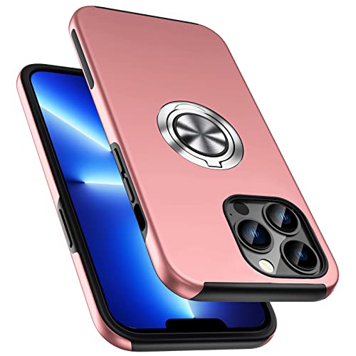 ALANMOND Stoßfeste Hülle für iPhone 13 Pro Max 6,7 Zoll, [Eingebetteter Ständer] Handyhülle mit Metallringständer [Unterstützen Sie magnetische Autohalterung] für iPhone 13 Pro Max, Rosa von ALANMOND