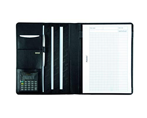 Alassio 43006-1 - Schreibmappe A4 CREMONA aus Nappaleder, Dokumentenmappe schwarz, Konferenzmappe ca. 32 x 25 x 2 cm, Mappe für A4 Dokumente, mit Taschenrechner, Block A4 und Einschubfächer von ALASSIO