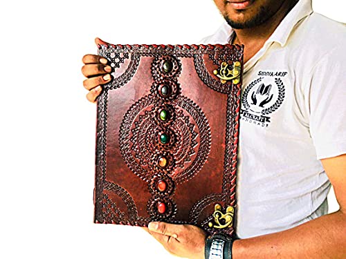 ALCRAFT Handgefertigtes Leder-Tagebuch mit sieben Chakra-Steinen und C-Schloss, Tagesplaner, Gästebuch, 25,4 x 33 cm, Braun von ALCRAFT